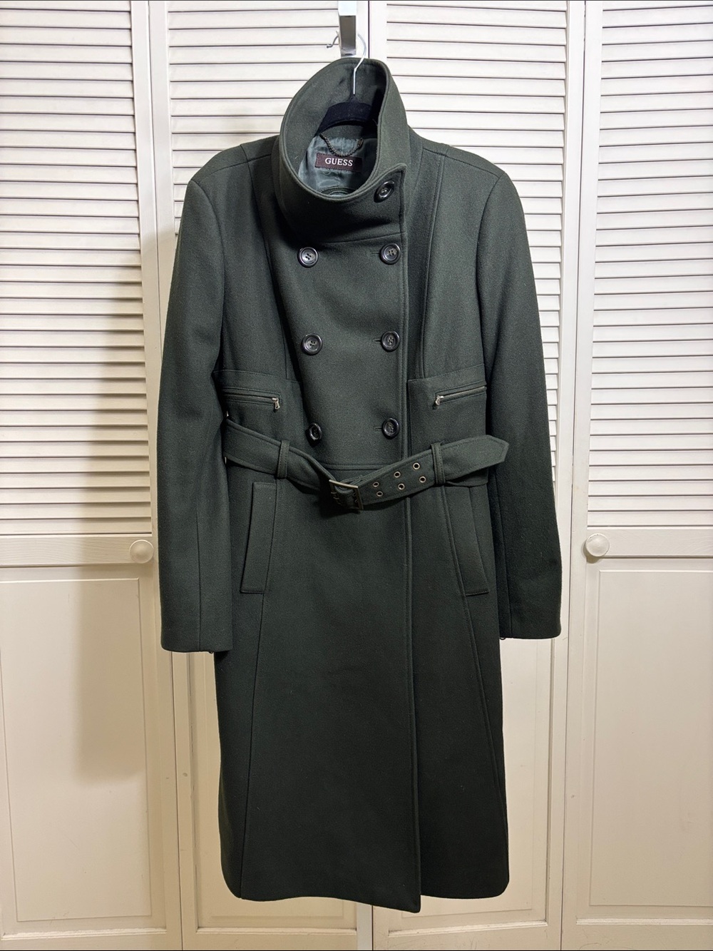 Guess Double-Breasted Belted Trench Wool Blend Coat in Green Large